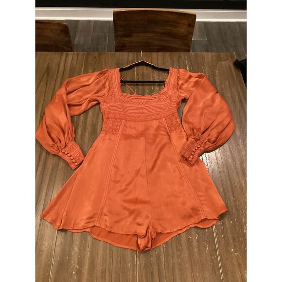 Free People Farrow Boho Romper Playsuit Viscose Terra Orange Long Sleeve US 2 - Picture 3 of 11